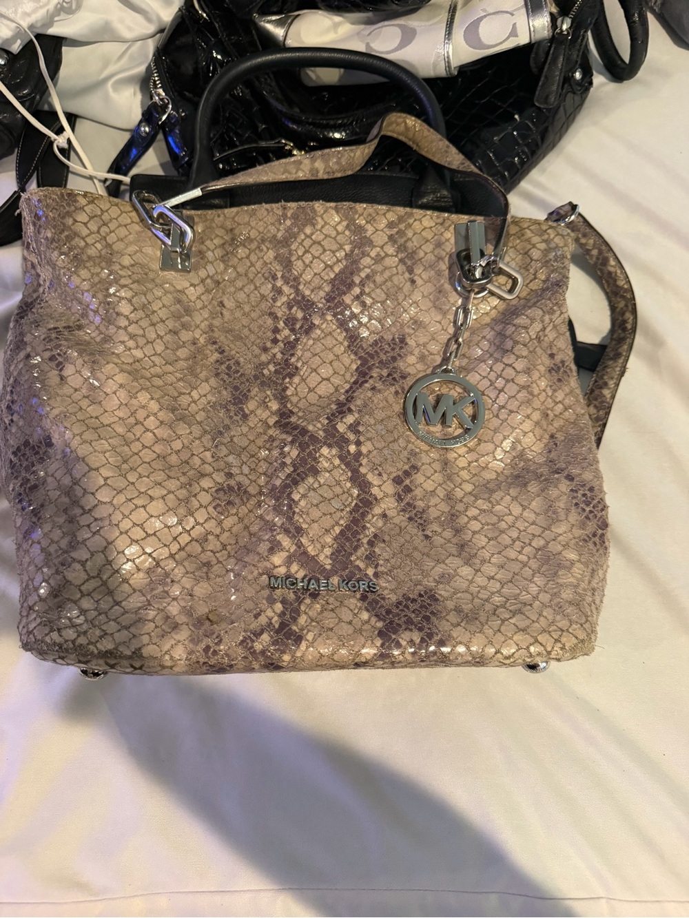 MICHAEL KORS Taupe Snake-Print Satchel with Silver Hardware